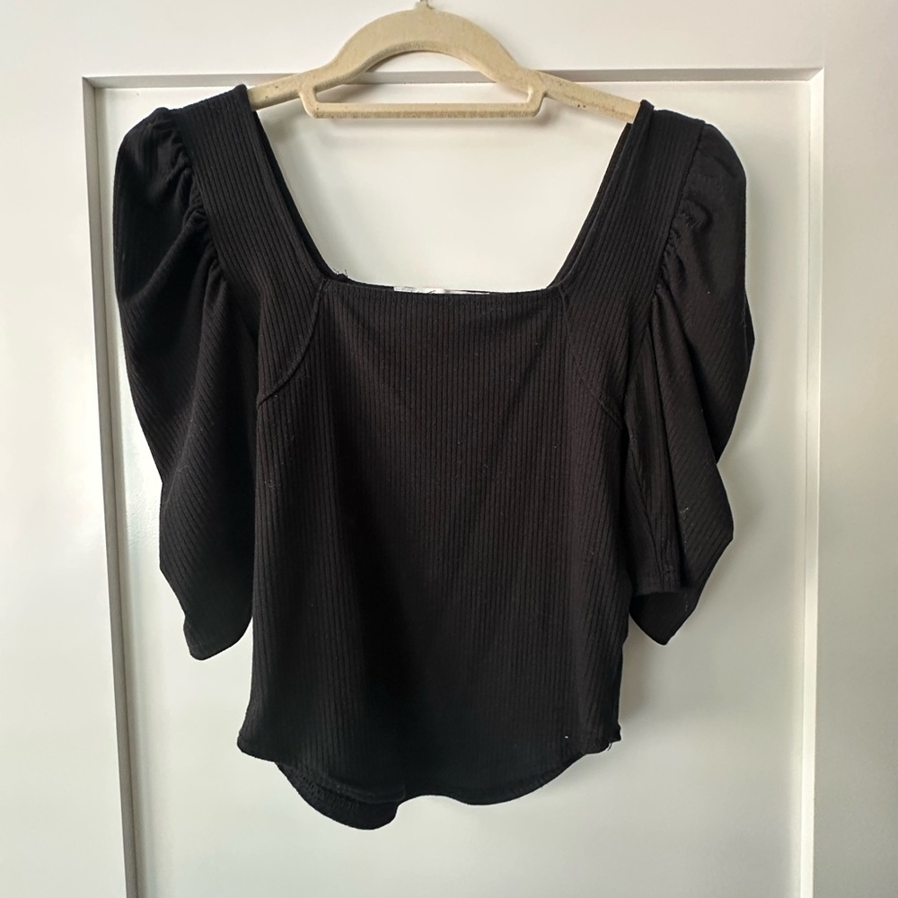Free people Nigh Lily Black Puff Shoulder Ribbed Top